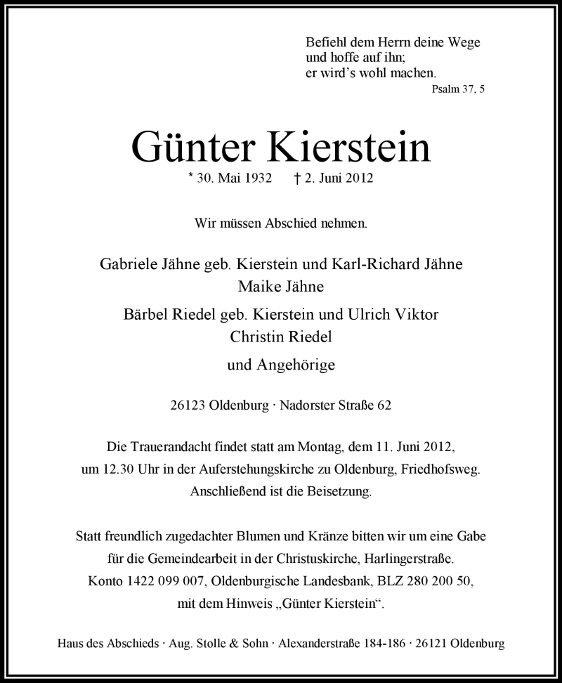  Traueranzeige für Günter Kierstein vom 08.06.2012 aus Nordwest Zeitung